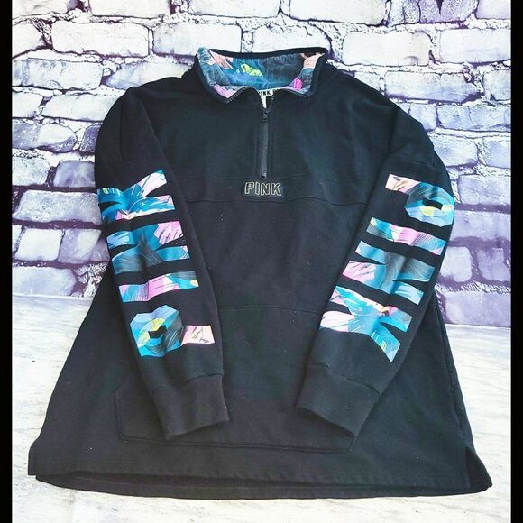 PINK Victoria Secrets black Hawaiian floral long sleeve sweatshirt top - Picture 1 of 4